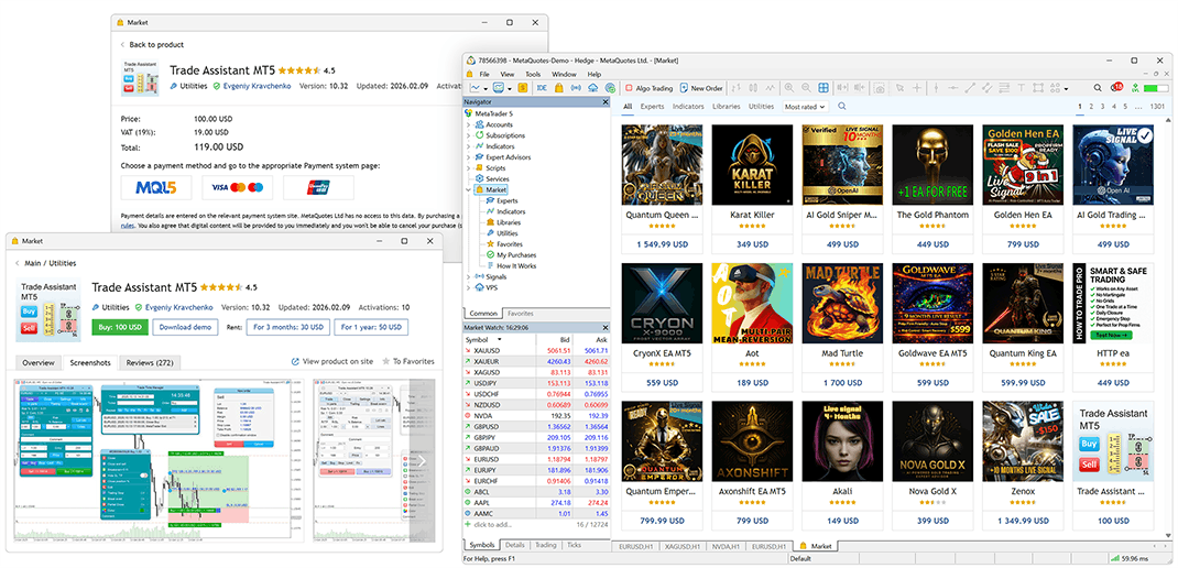 MetaTrader 5 内置MQL5交易应用市场界面示意图
